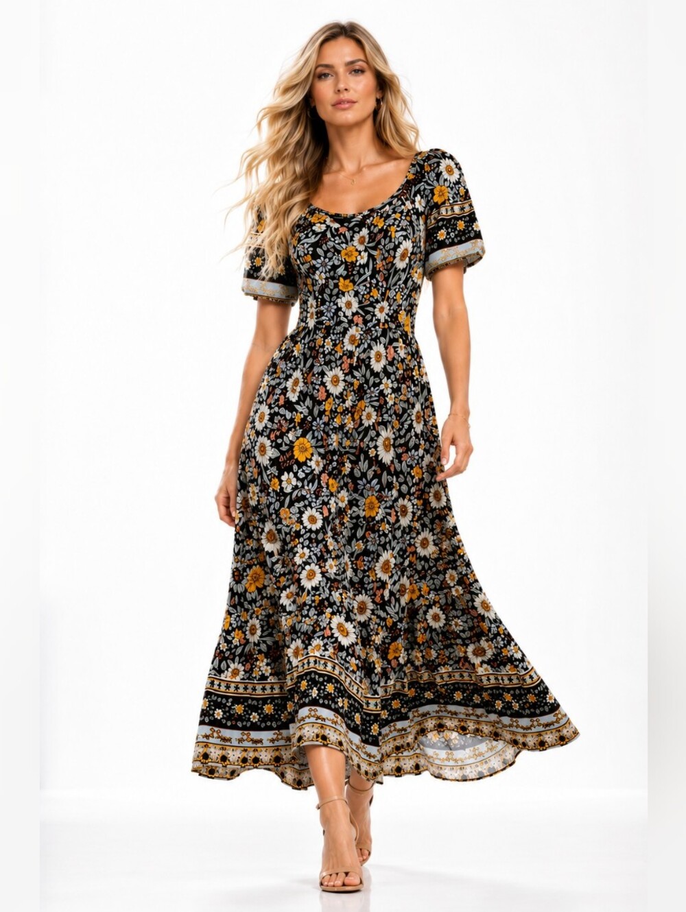 Mikarose Floral Maxi Dress Medium Black Yellow Boho Cottagecore